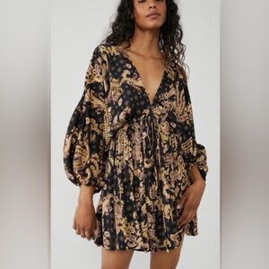 Free People Printed Arzel Kimono Mini Dress Balloon Sleeve